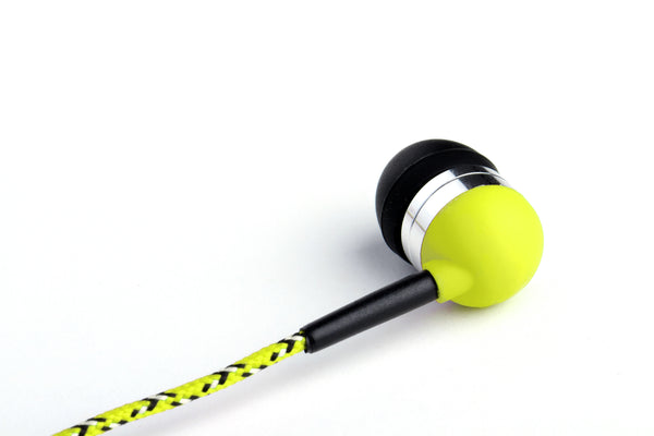 Neon Yellow Earbuds with White & Black Braided Accents