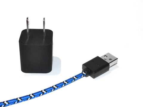 Blue & White Braided MicroUSB to USB Cable & Wall Charger