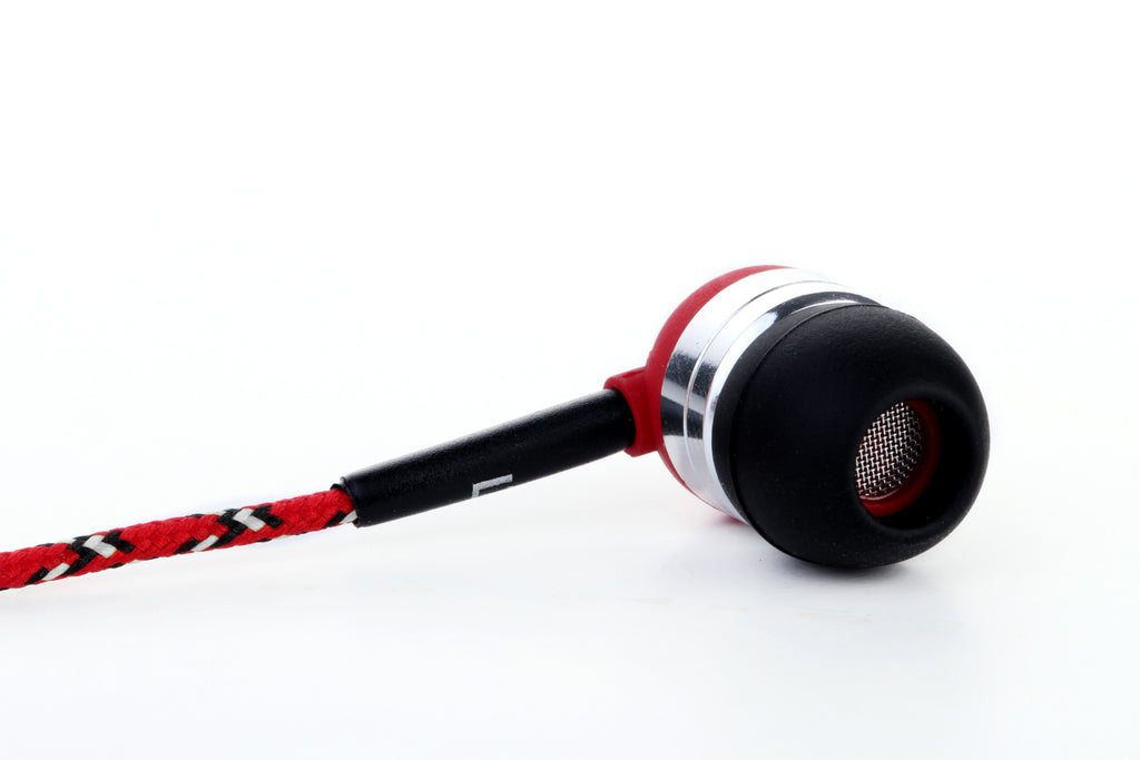 Red Earbuds - Durable, Tangle-Free Earphones w/ Braided Black