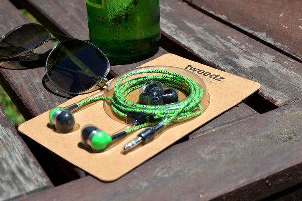 Neon Green Earbuds with White & Black Braided Accents